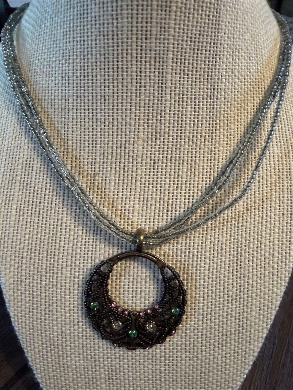 Lia Sophia Gray Multi-Strand Necklace with Green and Pink Accents